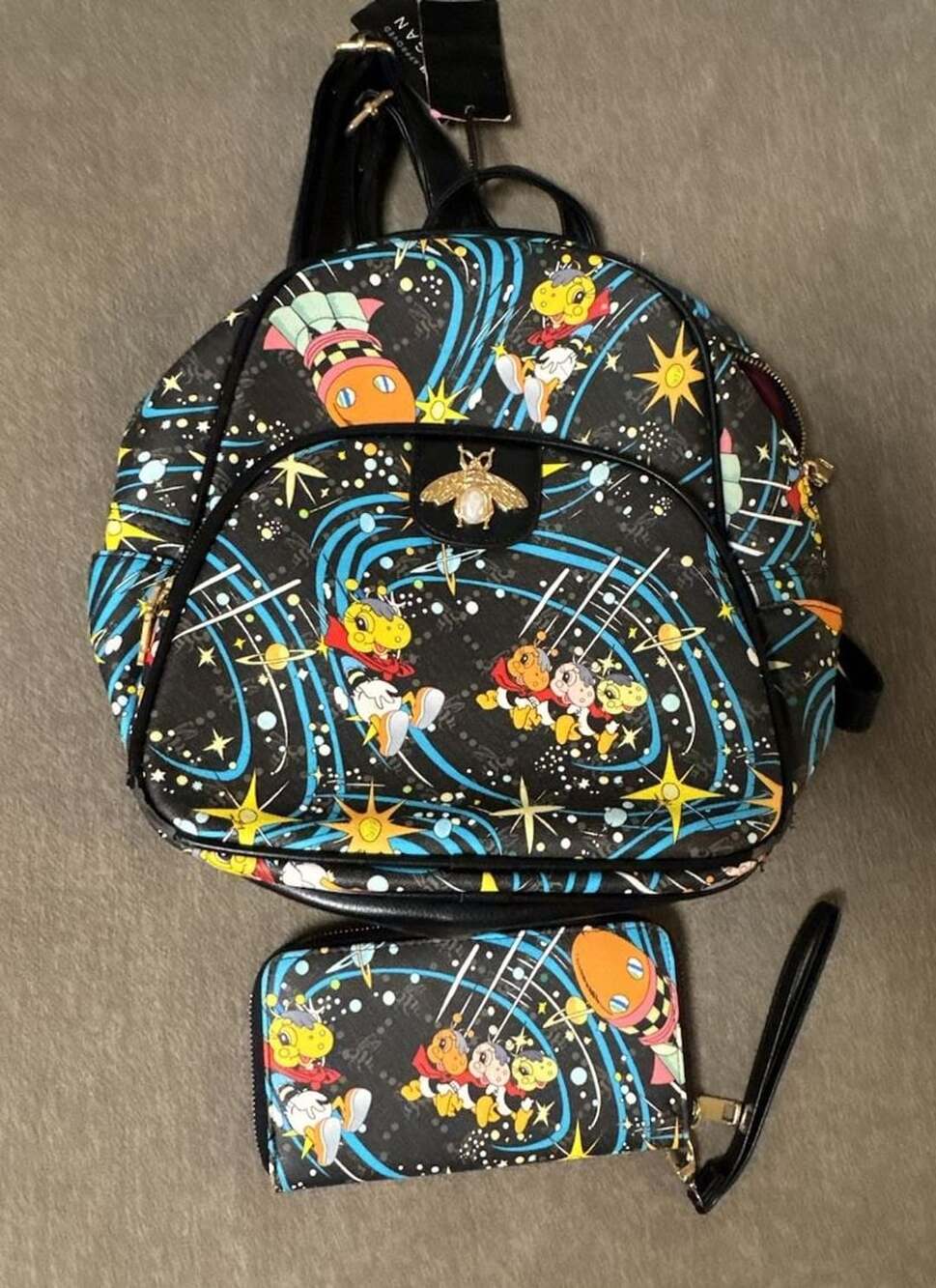 American Bee 2 In 1 Black Solar Space Backpack And Wallet Set With Bee Medallion
